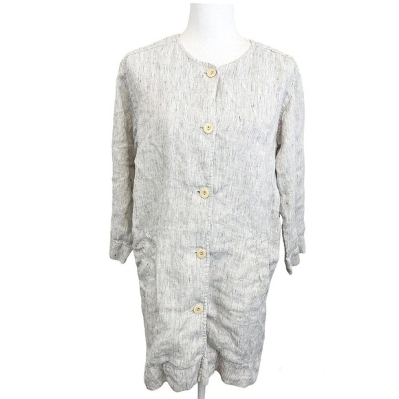 Eileen Fisher Small Organic Linen Tunic Blouse Pinstripe Pockets Minimalist - Picture 1 of 5